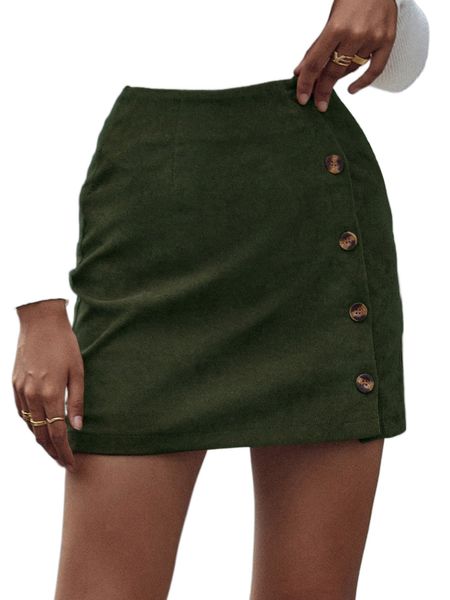 

high waist button front corduroy skirt d9az#, Black