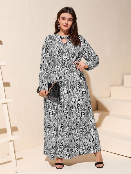 

plus allover print cut out detail dress y1aj#, Black