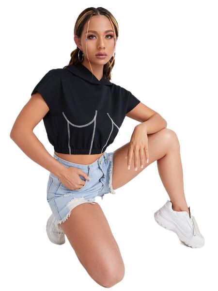 

stitch detail crop hoodie u8mz#, Black