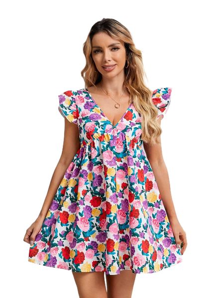 

v-neck butterfly sleeve allover floral dress t5mc#, Black;gray