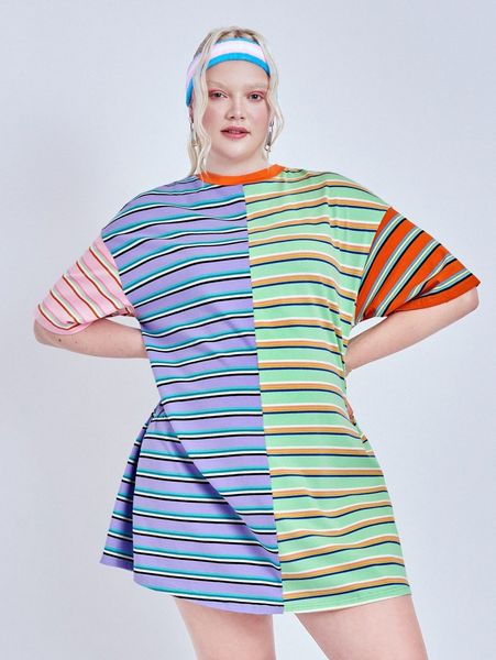 

plus striped print colorblock drop shoulder tee dress l4tq#, Black