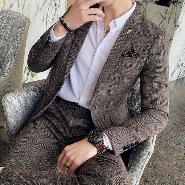 

men's suits & blazers luxury men slim fit check suit men business office formal 220823, White;black