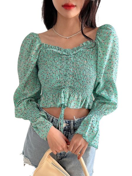 

dazy ditsy floral print frill trim shirred flounce sleeve crop blouse g97s#, White