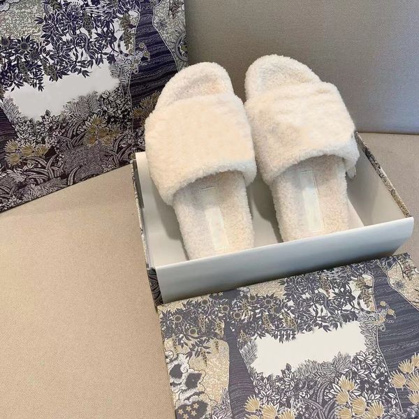 

2022 luxury designer slippers women's cotton fluffy fur slippers wear stripes warm winter indoor woven flat with shoe box, Black