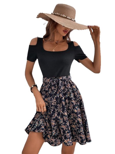 

floral print cold shoulder belted dress j5ji#, Black;gray