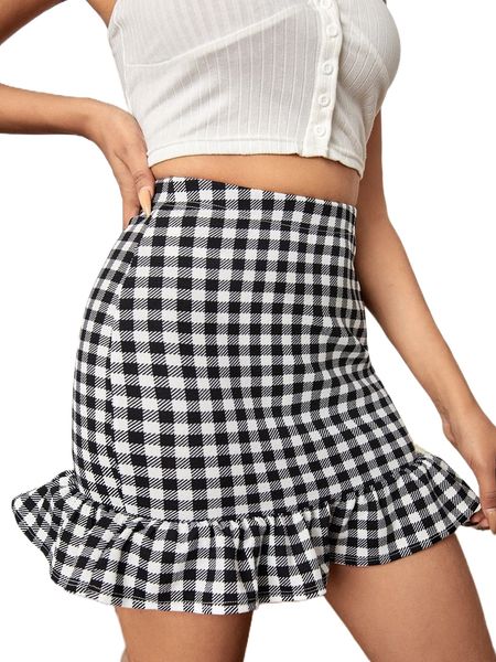 

petite gingham ruffle hem skirt g1kq#, Black