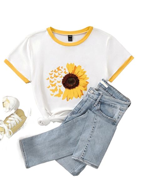 

sunflower & butterfly print contrast trim tee k4wx#, White