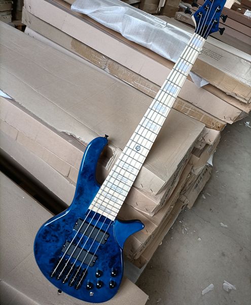 

5 strings blue electric bass guitar with active pickups maple fretboard