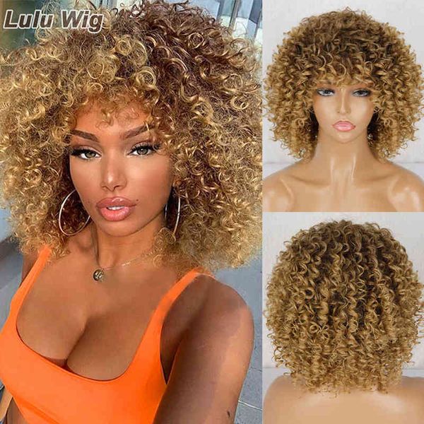 

short curly blonde wig for black women afro kinky with bangs synthetic natural glueless ombre brown cosplay 220622
