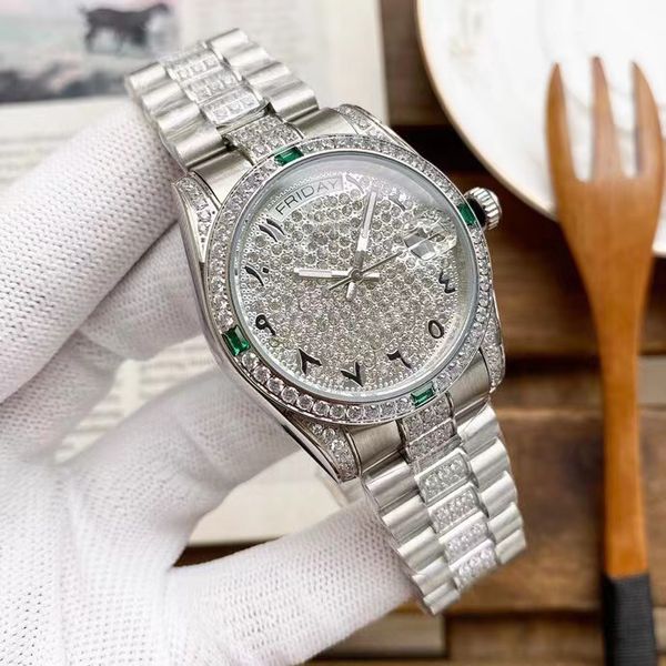 

iced out diamond watch men 40mm daydate automatic mechanical aaa sweeping popular brand 16233 sapphire glass, Slivery;brown