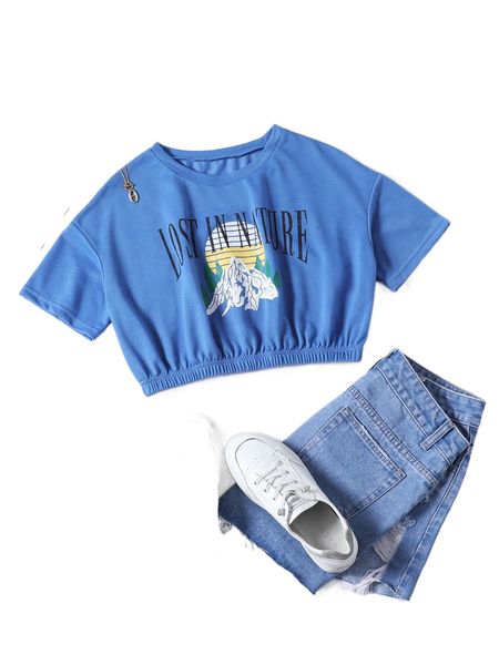 

mountain & slogan graphic crop sweatshirt 50ts#, Black