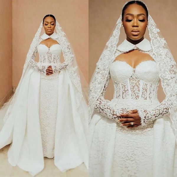 

vintage long sleeve wedding dress with detachable train lace bridal gowns 2022 spring wedding dress vestido de novia, White