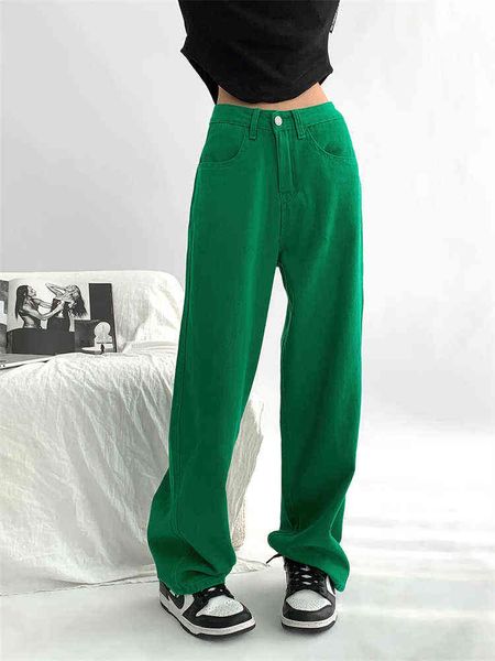 Jeans de sarja retos verdes Primavera feminina e verão Novo estilo simples solto de perna larga calça de jeans de perna larga calça fêmea l220726