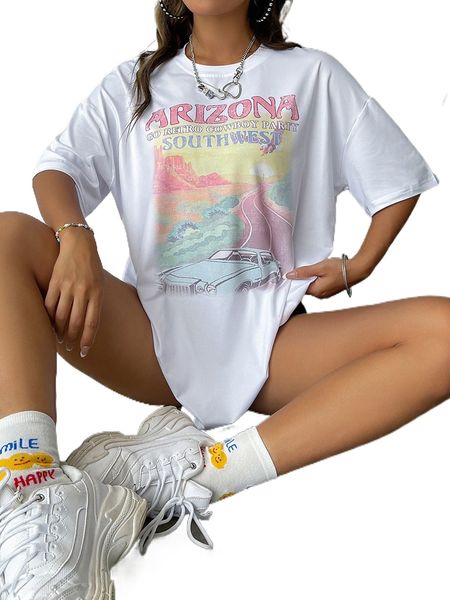 

car & letter graphic drop shoulder tee j2bp#, White