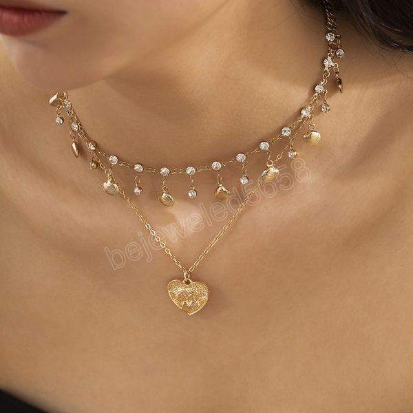 

retro simple love pendant double clavicle necklace female gold metal rhinestone shell necklaces girls fashion jewelry, Silver
