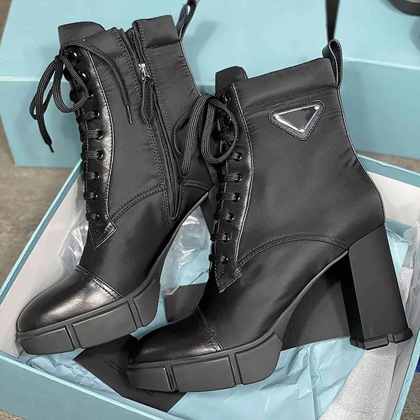 

designer plaque boots lace up ankle boot 9.5cm women black leather combat boots high heel winter booty with box no256