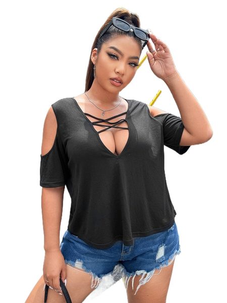 

plus criss cross cut out cold shoulder tee a6aj#, Black