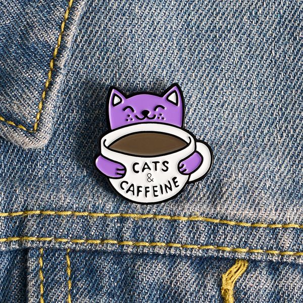 

drop oil alloy enamel coffee cat brooch cowboy sweater clothes animal badge cats hug coffee cup shape lapel pins european brooches accessori, Gray