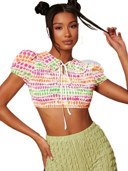 

polka dot tie neck puff sleeve shirred 75pl#, White