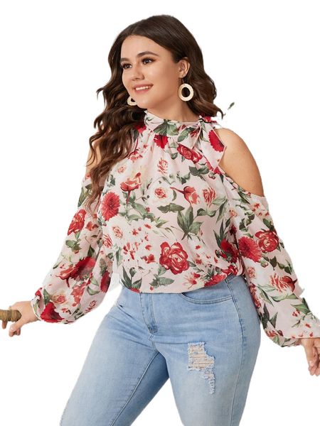 

plus floral print tie side cold shoulder blouse a7tp#, Black