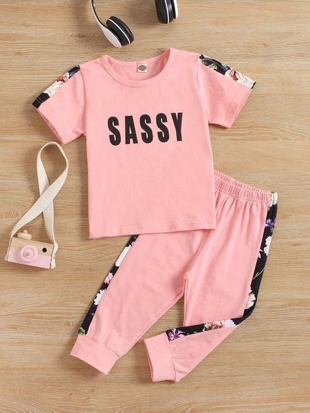 

toddler girls letter & floral print tee & sweatpants she, White