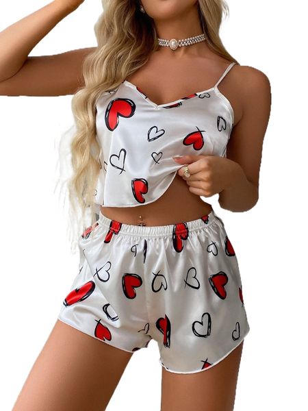 

heart print cami pj set l9fr#, Black;red