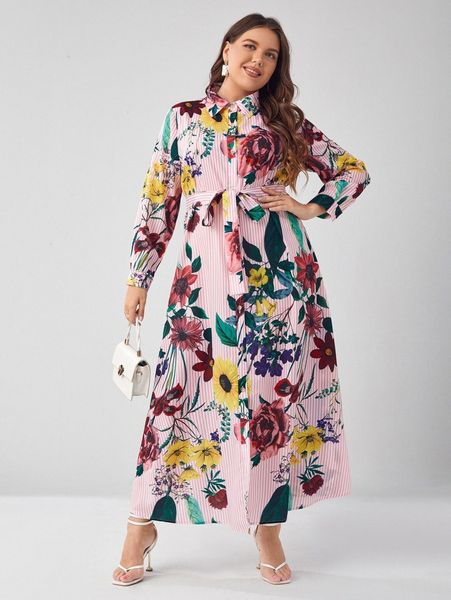 

plus striped & floral print belted shirt dress k7ld#, Black
