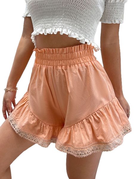 

paperbag waist guipure lace insert ruffle hem shorts d5hv#, White;black