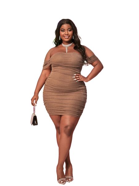

plus off shoulder ruched side bodycon dress d3dv#, Black
