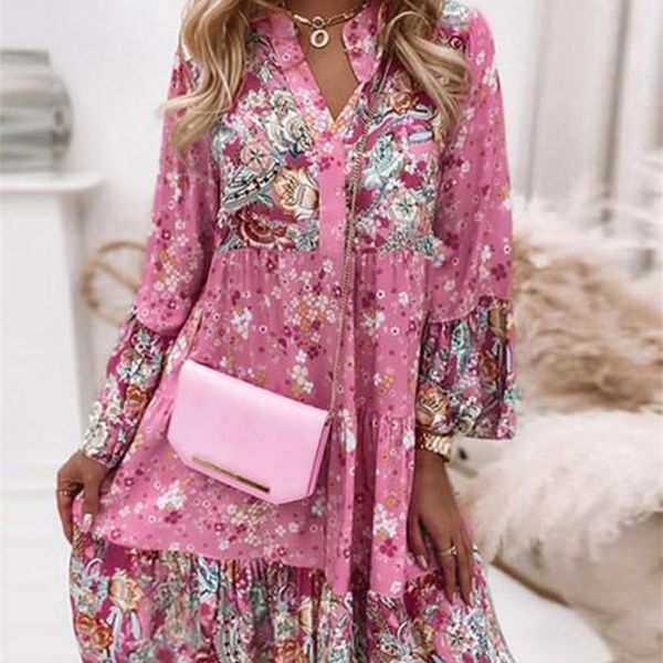 

summer casual v neck a-line dress women vintage flare sleeve ruffle mini dress elegant loose floral print patchwork party dress 220516, Black;gray
