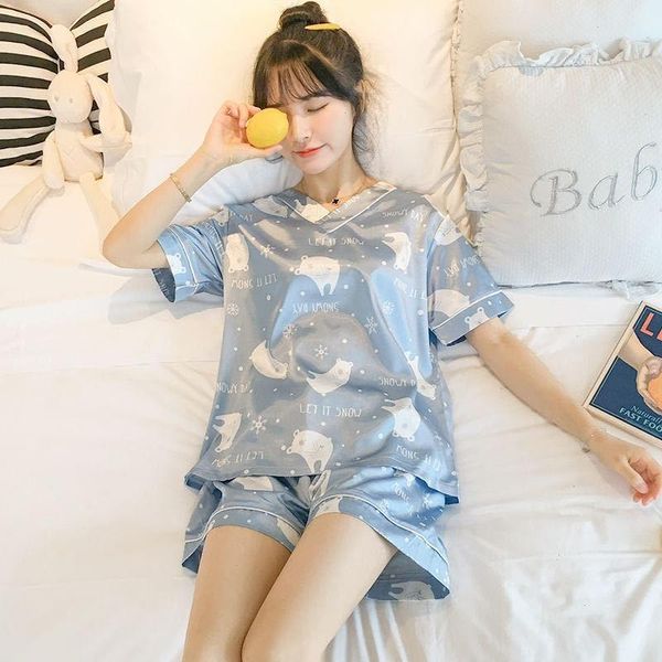 

pajamas women summer sleepwear thin section v-neck imitation silk ice short-sleeved ladies home service 2-piece, Black;red