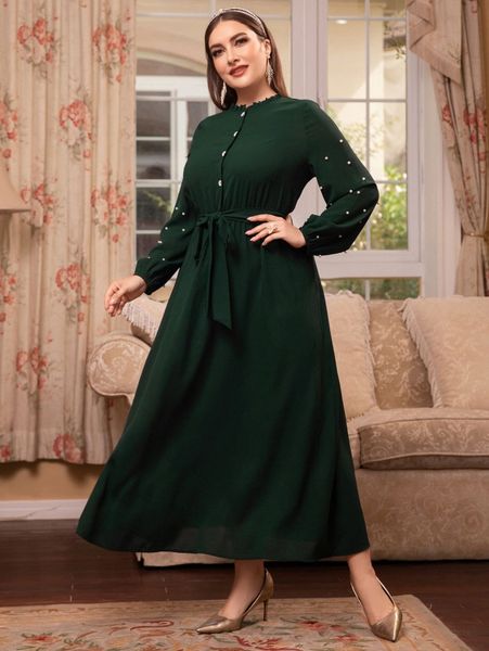 

plus pearls beaded lantern sleeve frill trim belted dress 96mp#, Black