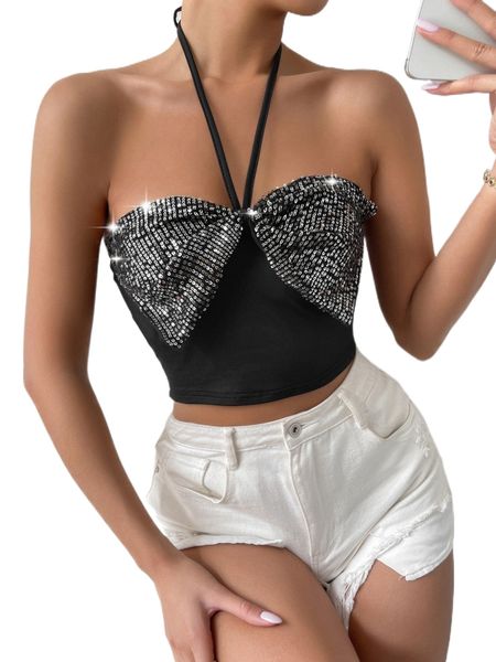 

contrast sequin tie backless halter l9kd#, White