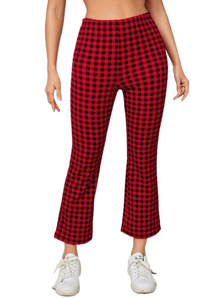

high waist gingham print flare leg pants e1r7#, Black;white