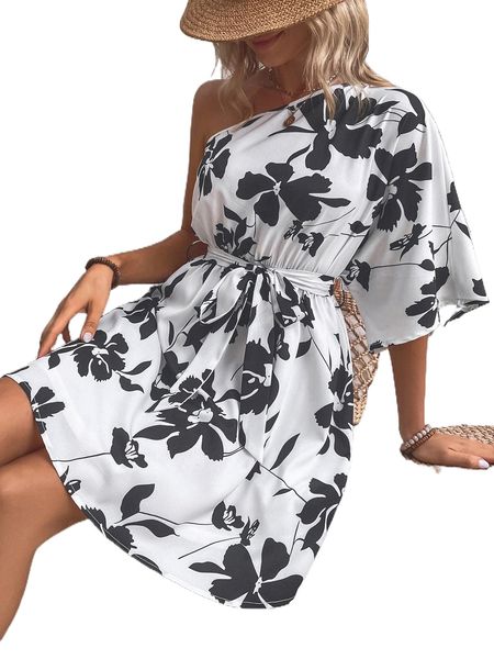 

floral print one shoulder batwing sleeve belted dress 736i#, Black;gray