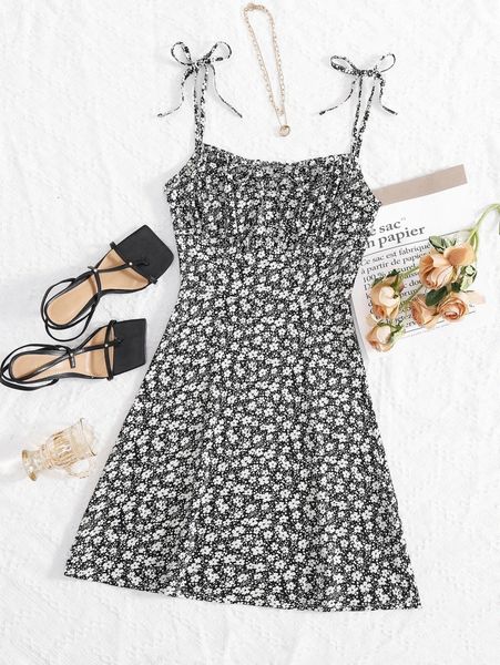 

ditsy floral knot shoulder ruched bust slip dress a1nk#, Black;gray
