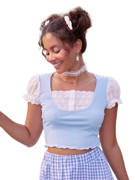 

kawaii 2 in 1 eyelet embroidery ribbed tee 94mh#, White