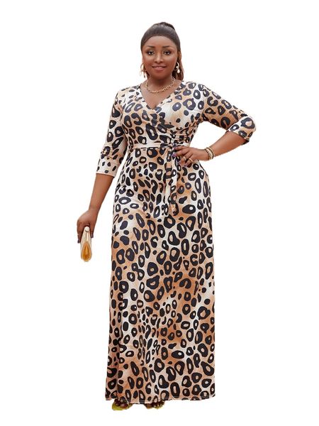 

plus leopard print belted dress v84k#, Black