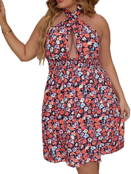 

plus allover floral print cut out shirred waist backless dress 10bj#, Black