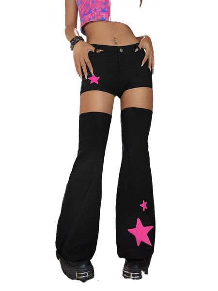 

star print flare leg pants e5x6#, Black;white