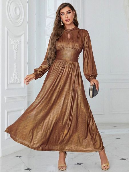

keyhole neckline bishop sleeve metallic dress l80r#, Black;gray