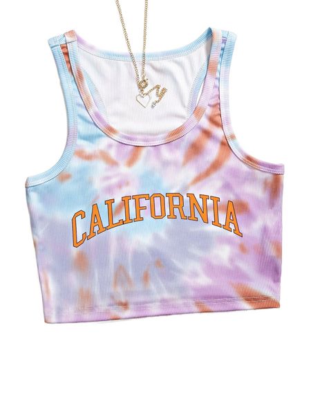 

tie dye & letter graphic tank 13a6#, White