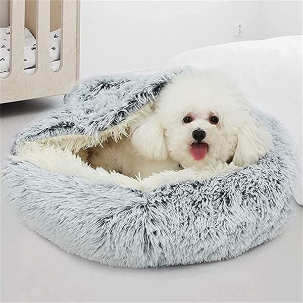 Inverno Long Plush Pet Cat Cama Redonda Casa Almofada Quente Luxo Cesta Sleep Bag Ninho Kennel 2 em 1 para Casa de Cão Pequeno 220323