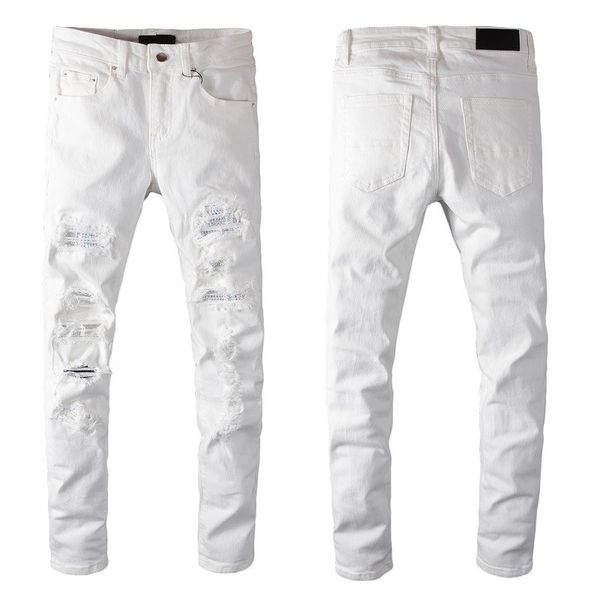 Jeans brancos com orifícios, designer masculino magro, designer angustiado, rasgado para calças de homem danificado de retalhos de retalhos de motocicleta longa zíper de jea