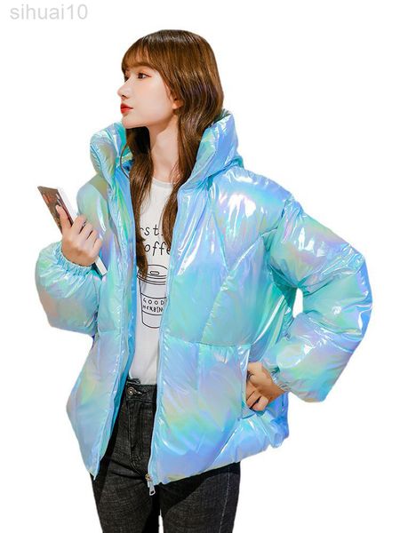 

glossy cotton coat women short loose hooded parkas 2022 autumn winter new fashion wash stand collar warmth bread clothing l220730, Black