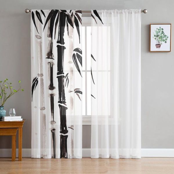 Cortina cortina pintura de tinta pintura de bambu preto e branco tule cortinas de janela para sala de estar o quarto moderno voile organza drapescurt