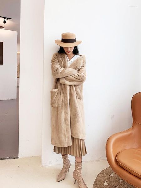 Pelliccia sintetica da donna Arlene Sain 2022 Importato Beige Velluto Visone Cappotto intero Donna Moda invernale Media lunghezza