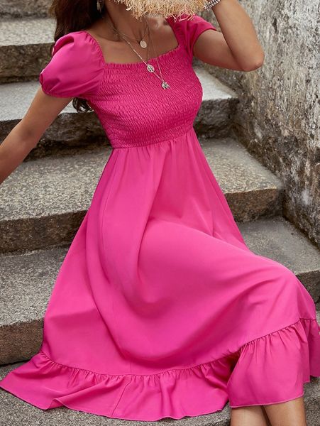 

shirred puff sleeve ruffle hem dress y97u#, Black;gray