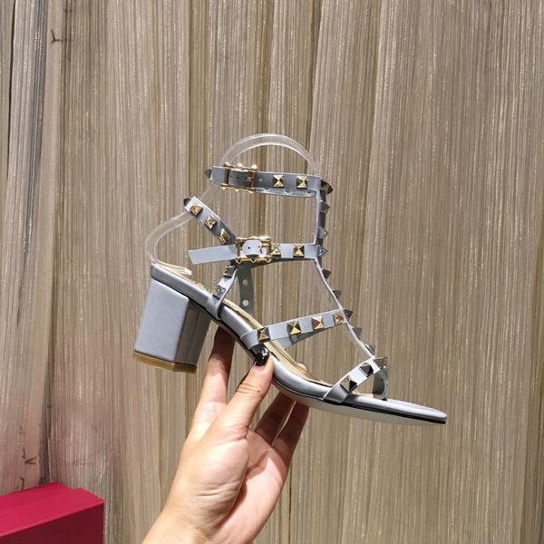 

women leather stud sandals t-strap sandal summer high heels rivets shoe ladies party shoes 6.5cm with box, Black