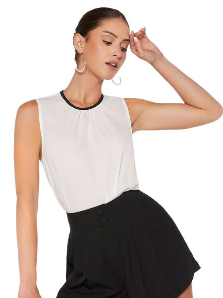 

contrast binding ruched sleeveless blouse x1o4#, White